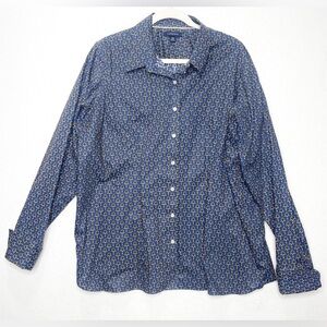 Lands End Women’s Long Sleeve Button Up Shirt Navy Gold Horse Bit Equestrian 20W